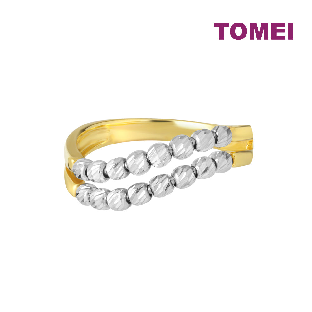 TOMEI Dual-Tone Double Row White Beads Ring, Yellow Gold 916