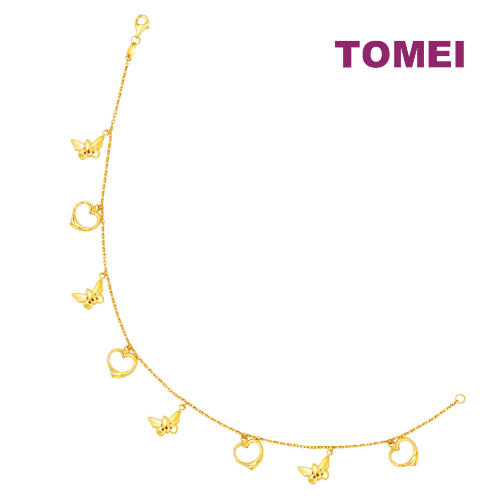 TOMEI Lusso Italia Butterfly & Heart Anklet, Yellow Gold 916