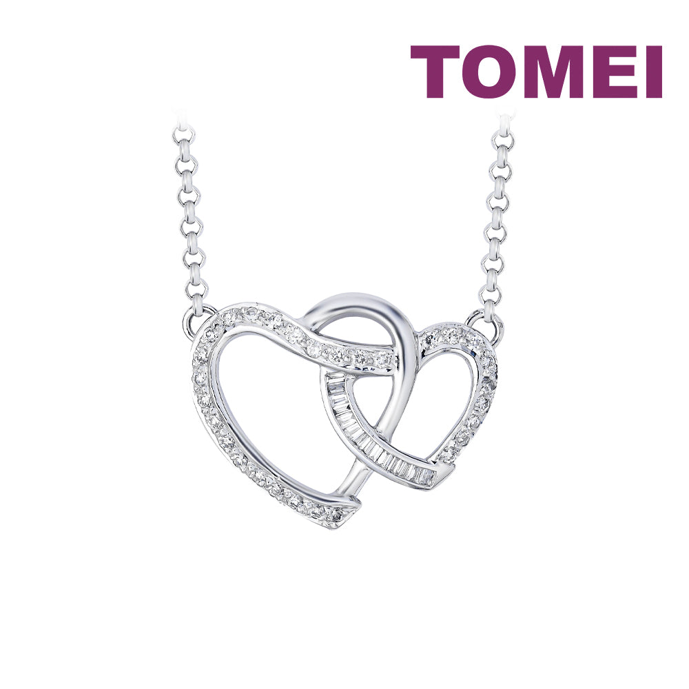 TOMEI Entwining Dual-Heart Diamond Necklace, White Gold 750