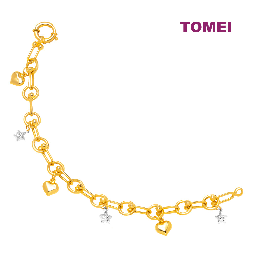 TOMEI Lusso Italia Chain Dual-Tone Heart & Star Bracelet, Yellow Gold 916