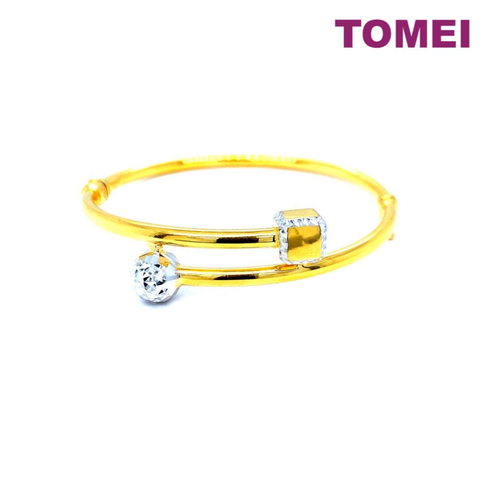 TOMEI Dual-Tone Ball & Cube Bangle, Yellow Gold 916