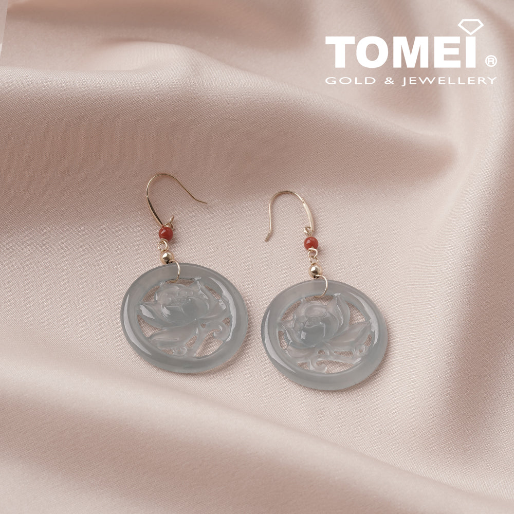 TOMEI Circular Flower Carving Jade A Dangling Earrings, Grey-White I Yellow Gold 375 (ZN-16)