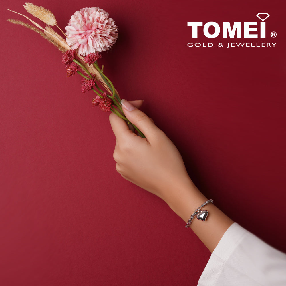 TOMEI Heart Charm Bracelet, White Gold 585