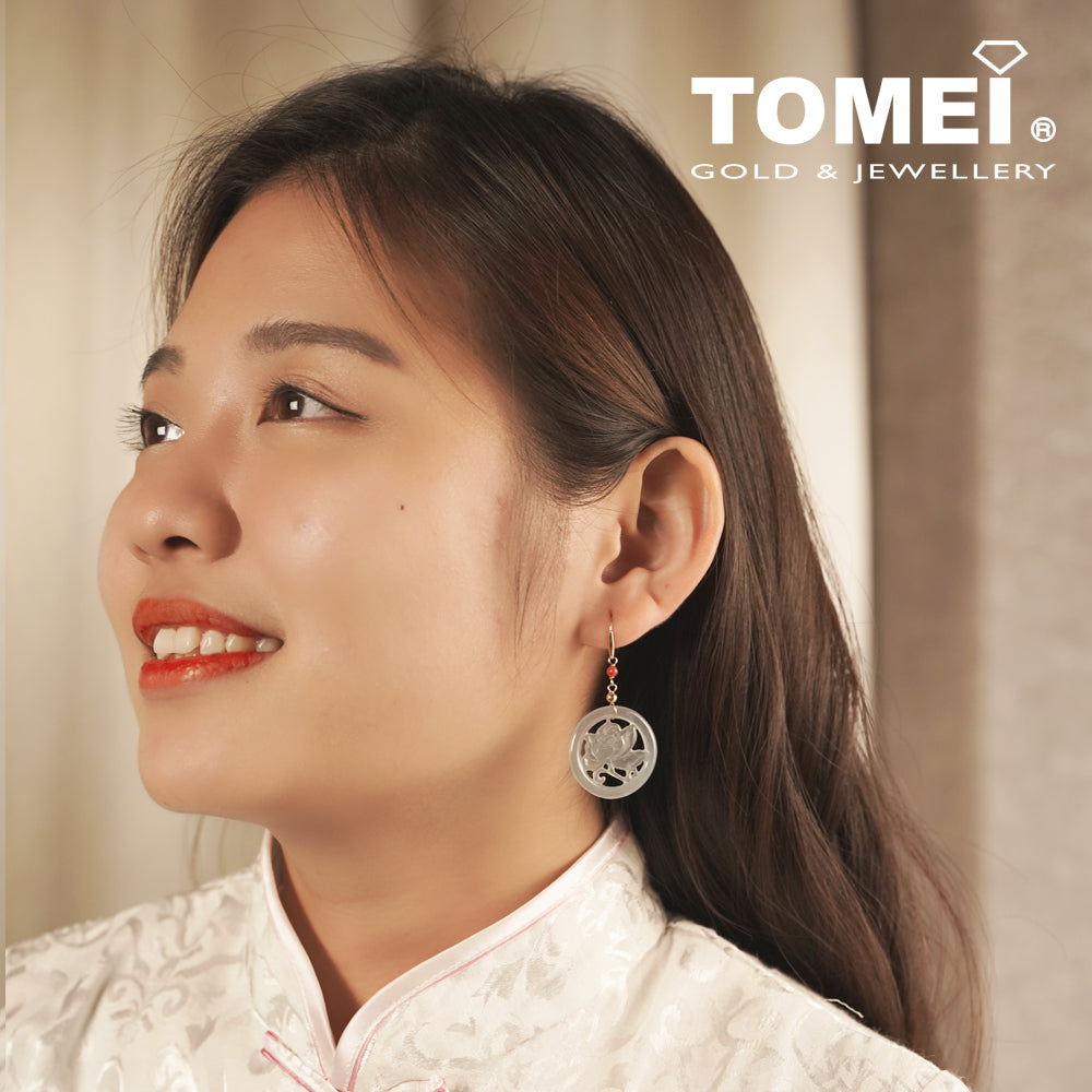 TOMEI Circular Flower Carving Jade A Dangling Earrings, Grey-White I Yellow Gold 375 (ZN-16)