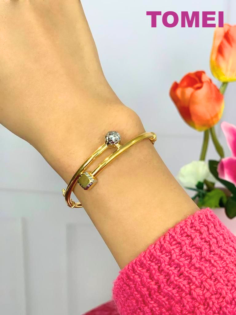 TOMEI Dual-Tone Ball & Cube Bangle, Yellow Gold 916