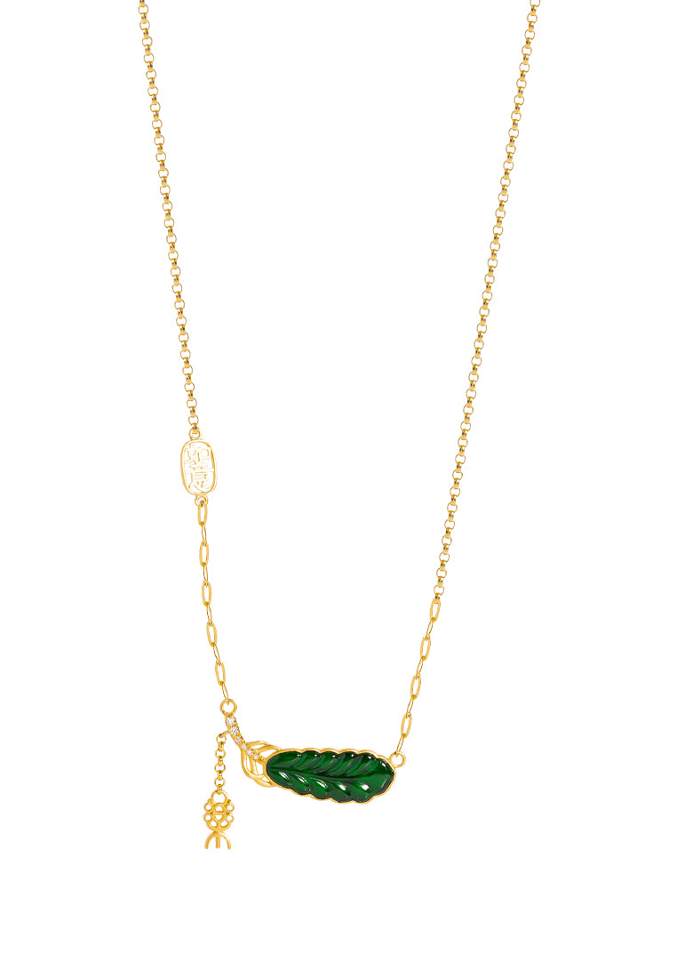 TOMEI Auspicious Leaf Jade Necklace, Yellow Gold 750