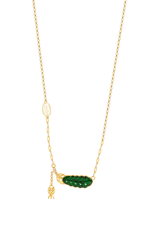 TOMEI Auspicious Leaf Jade Necklace, Yellow Gold 750