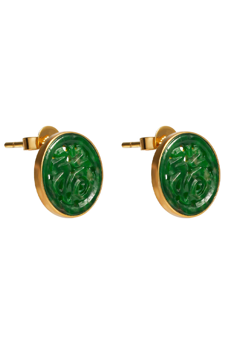 TOMEI Engraved Fu-Zi Jade Earrings, Yellow Gold 750