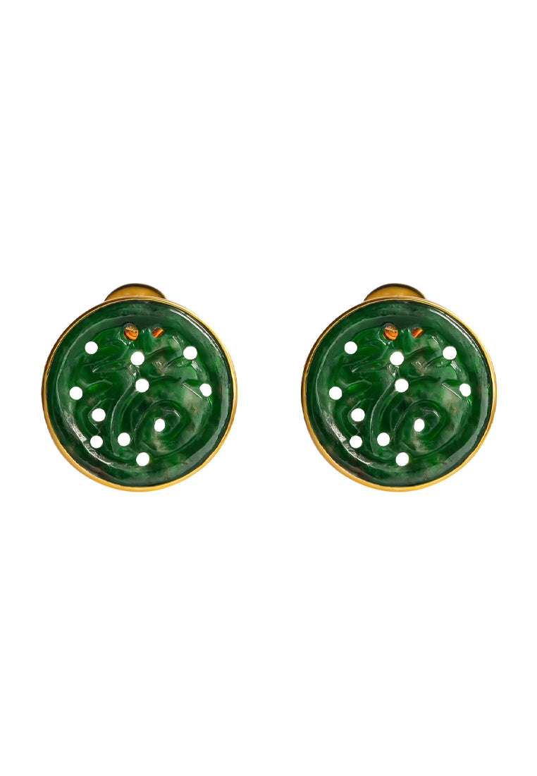 TOMEI Engraved Fu-Zi Jade Earrings, Yellow Gold 750