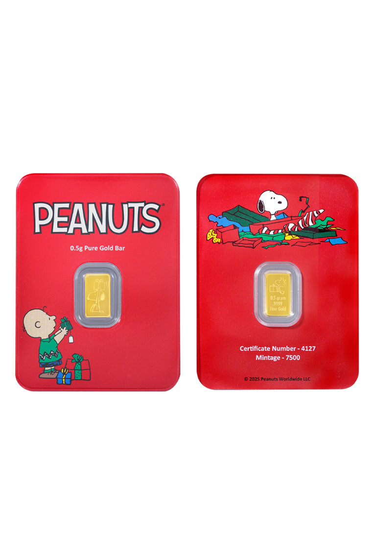 TOMEI Christmas with Snoopy & Charlie Brown Peanuts Gold Bar 0.5G I Fine Gold 9999