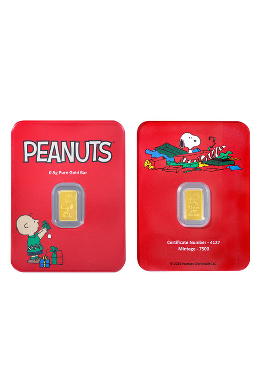 TOMEI Christmas with Snoopy & Charlie Brown Peanuts Gold Bar 0.5G I Fine Gold 9999