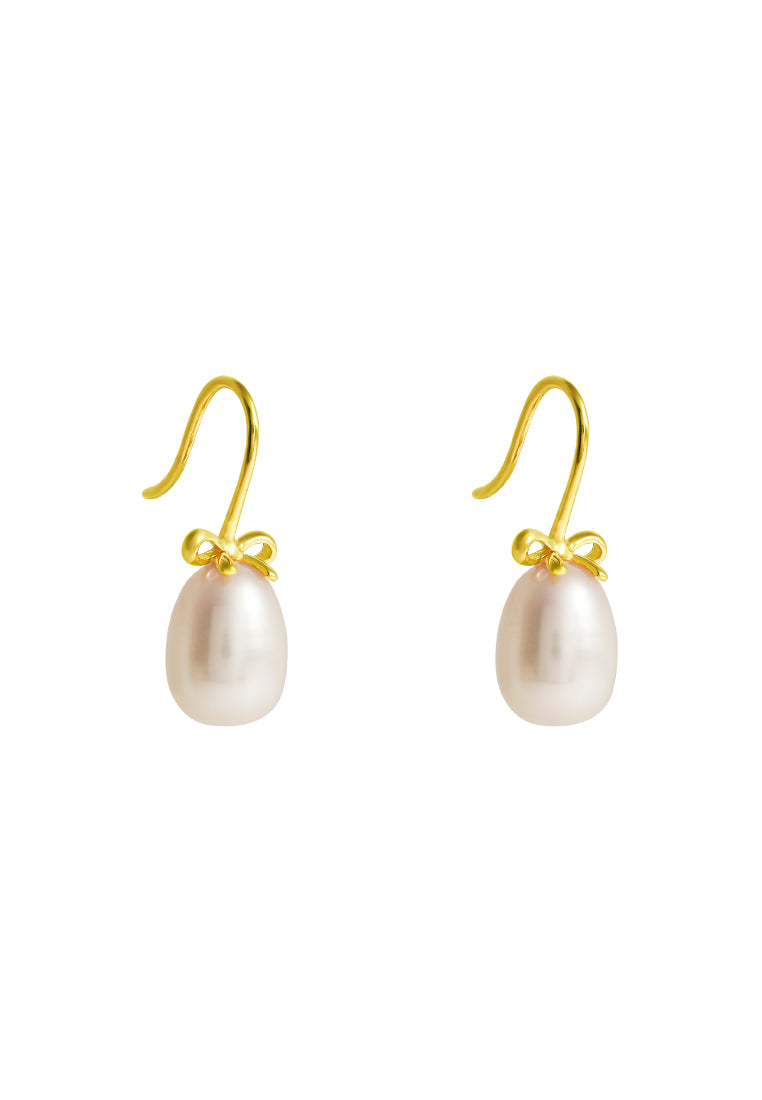 TOMEI Lovely Bow Tie Pearl Earrings, Yellow Gold 585