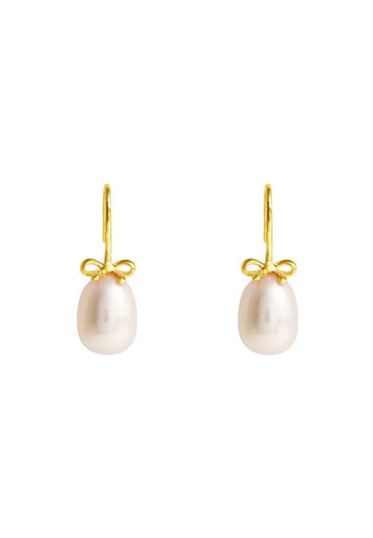 TOMEI Lovely Bow Tie Pearl Earrings, Yellow Gold 585