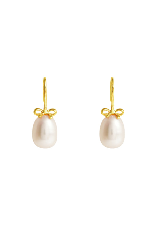 TOMEI Lovely Bow Tie Pearl Earrings, Yellow Gold 585