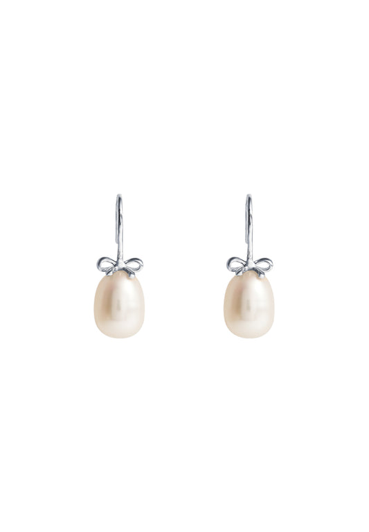 TOMEI Lovely Bow Tie Pearl Earrings, White Gold 585