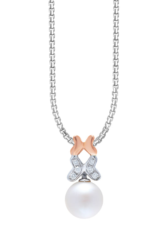 TOMEI Pearl-fection Butterfly Pendant Set, White+Rose Gold 585