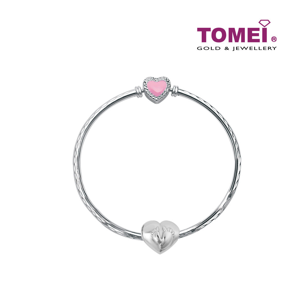 TOMEI Baby Foot Print on Heart Charm, White Gold 585 (P5318)