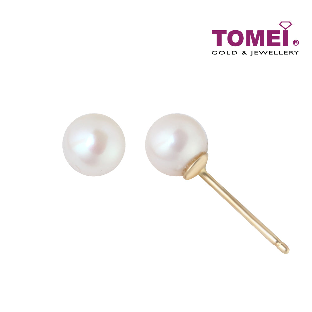 TOMEI Pearlfect Love White Pearl Earrings, Yellow Gold 585 (E2056Y)