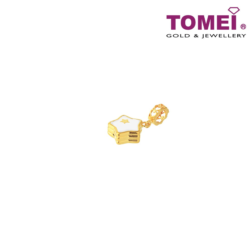 TOMEI Adorably Starred Pink & White Heart Charm, Yellow Gold 916