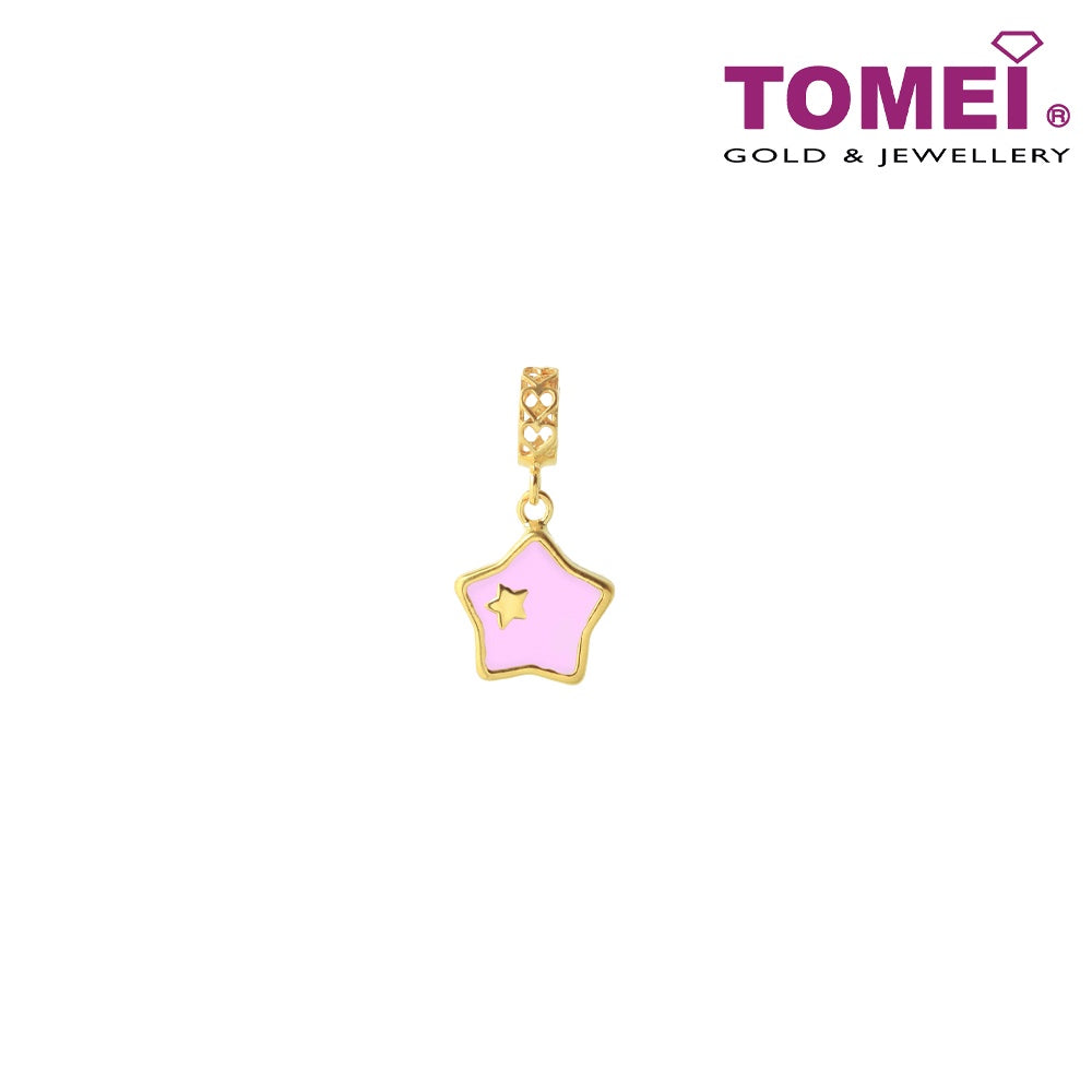 TOMEI Adorably Starred Pink & White Heart Charm, Yellow Gold 916