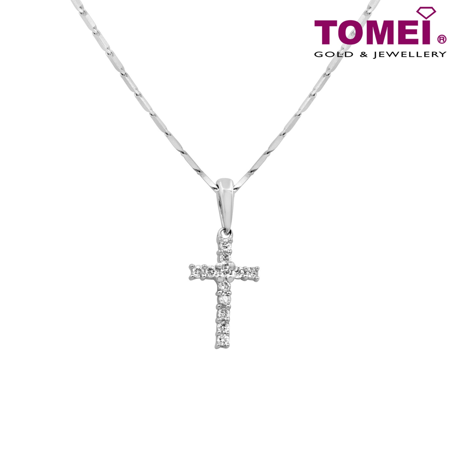 Tomei White Gold 585 (14K) "Light of Faith" Diamond Pendant with Chain (P2713)