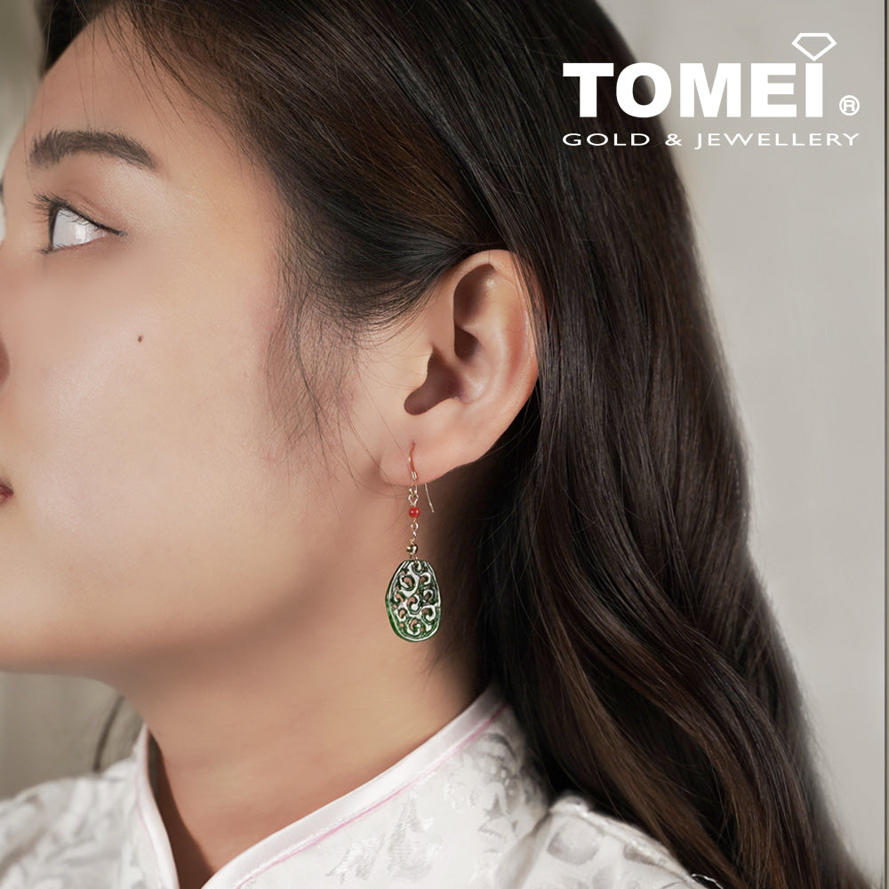 TOMEI Unique Carving Jade A Dangling Earrings, Dark Green I Yellow Gold 585 (J30000056)