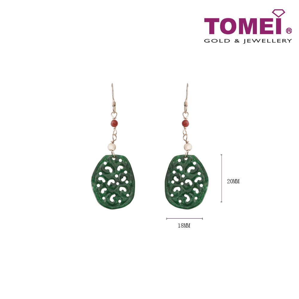 TOMEI Unique Carving Jade A Dangling Earrings, Dark Green I Yellow Gold 585 (J30000056)