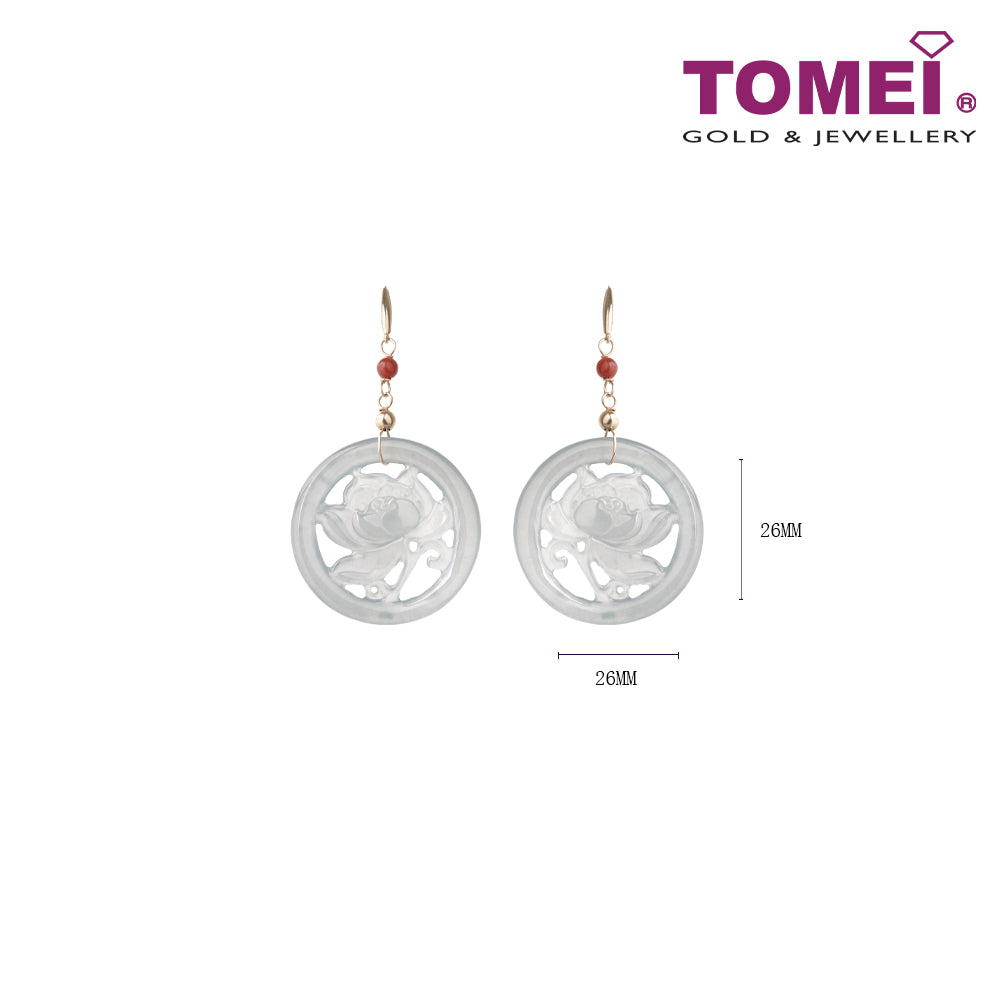 TOMEI Circular Flower Carving Jade A Dangling Earrings, Grey-White I Yellow Gold 375 (ZN-16)