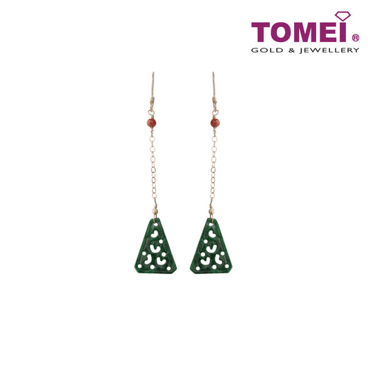 TOMEI Unique Carving Jade A Dangling Earrings, Dark Green I Yellow Gold 585 (J30000055)