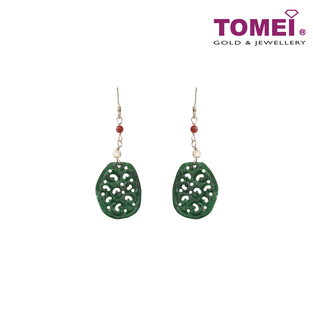 TOMEI Unique Carving Jade A Dangling Earrings, Dark Green I Yellow Gold 585 (J30000056)