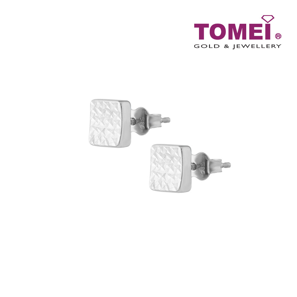 TOMEI Quadrated Sparkling Earrings, White Gold 585