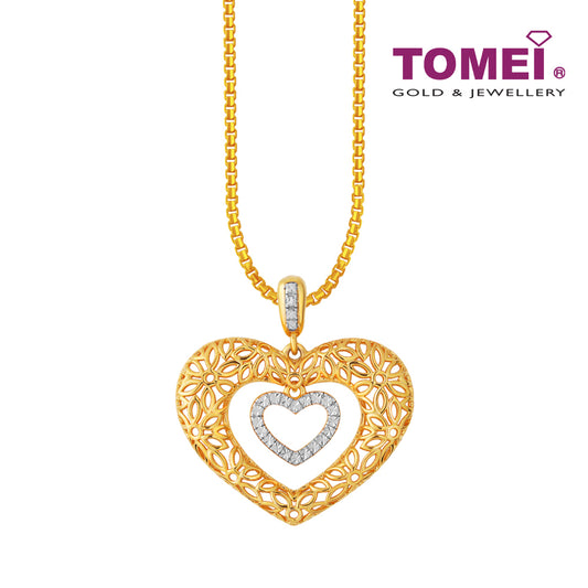 TOMEI Diamond Cut Collection Flowery Hearts Pendant, Yellow Gold 916