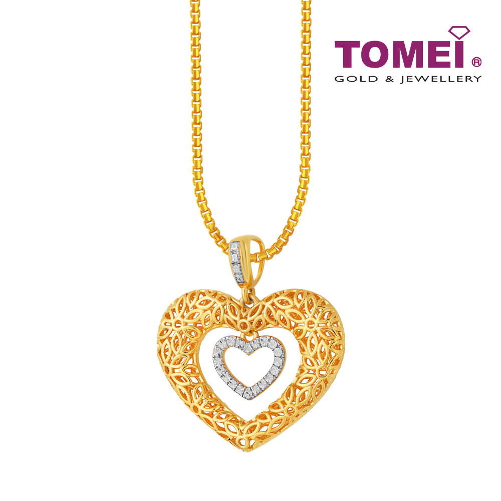 TOMEI Diamond Cut Collection Flowery Hearts Pendant, Yellow Gold 916