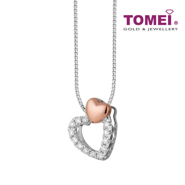 TOMEI Glowing Heart Pendant Set, White+Rose Gold 585
