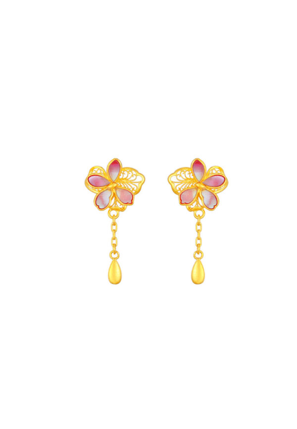 YHQ-1-3-19413 TOMEI Antique Gold Series Flowers Earrings, Yellow Gold 999